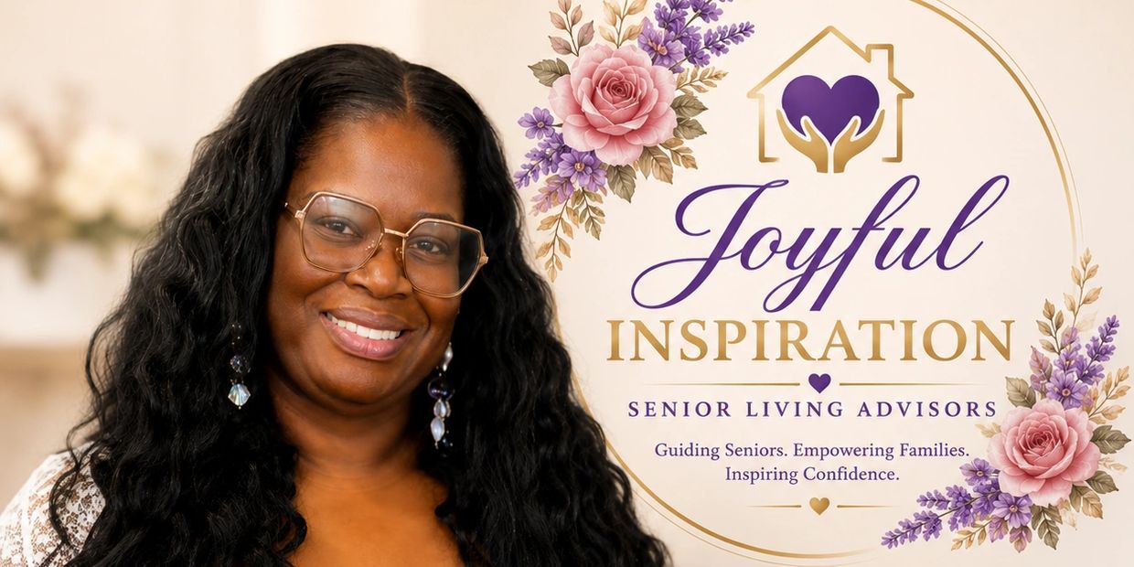 A smiling woman next to a logo for Joyful Inspiration Senior Living Advisors.