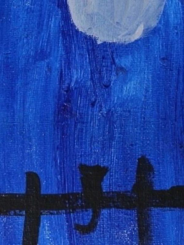 Two black cats sitting on a fence under a blue sky with a large moon.