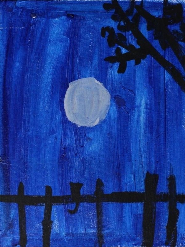 Silhouette of a cat on a fence under a moonlit sky.