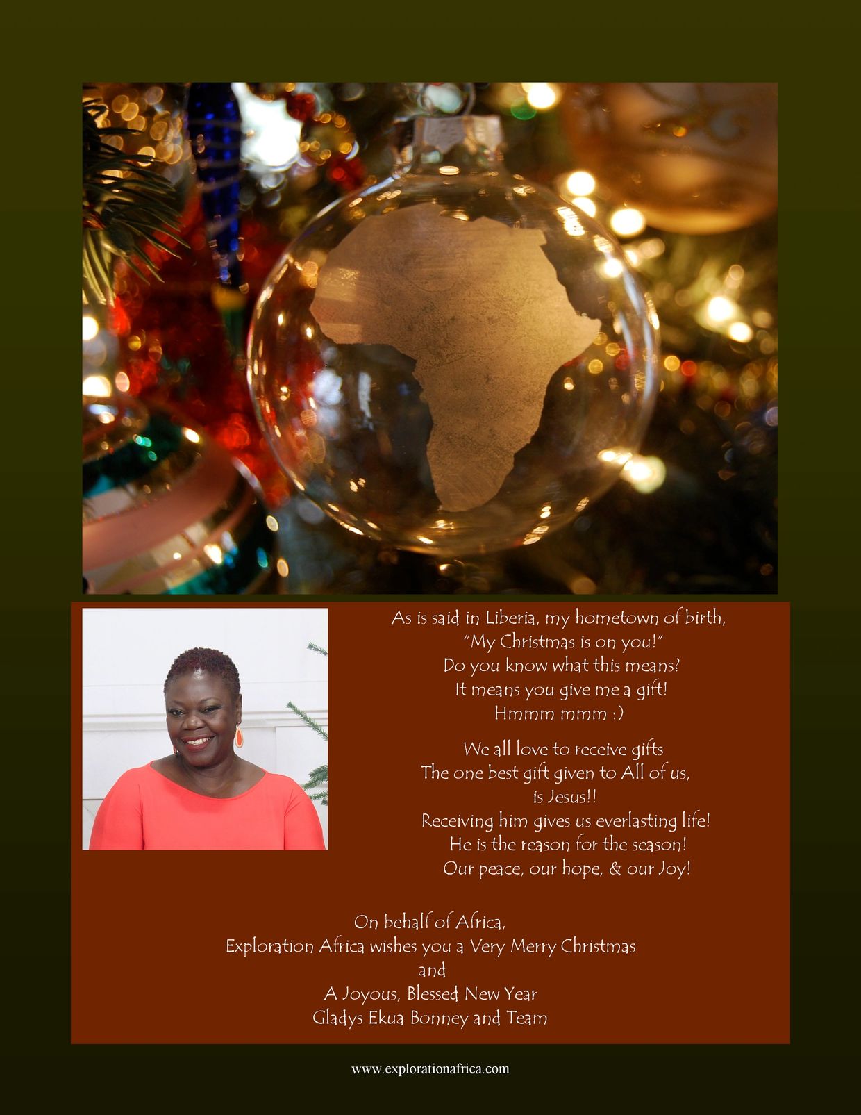 Christmas ornament with Africa outline and a holiday greeting from Gladys Ekua Bonney.