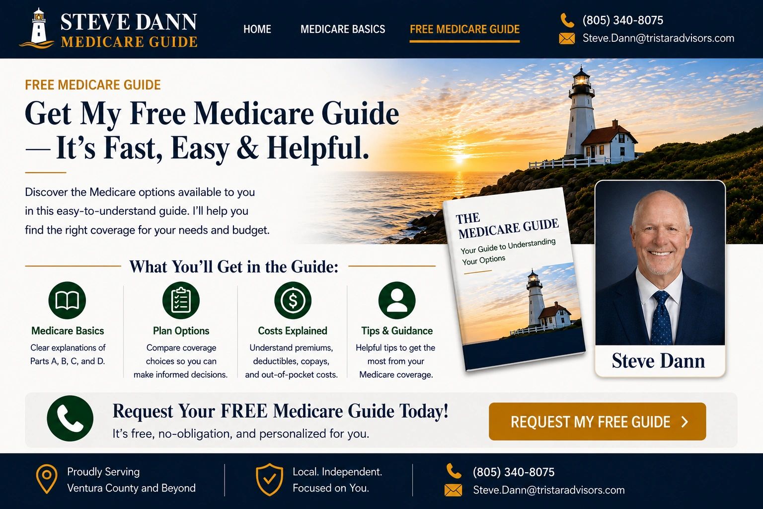 Advertisement for Steve Dann's free Medicare guide with contact info and benefits.