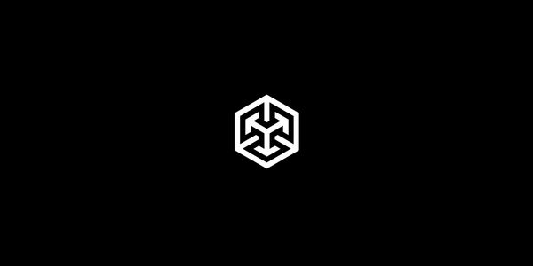 White geometric hexagon logo with interconnected arrows on black background.