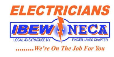 Logo of electricians union IBEW NECA with a lightning bolt.
