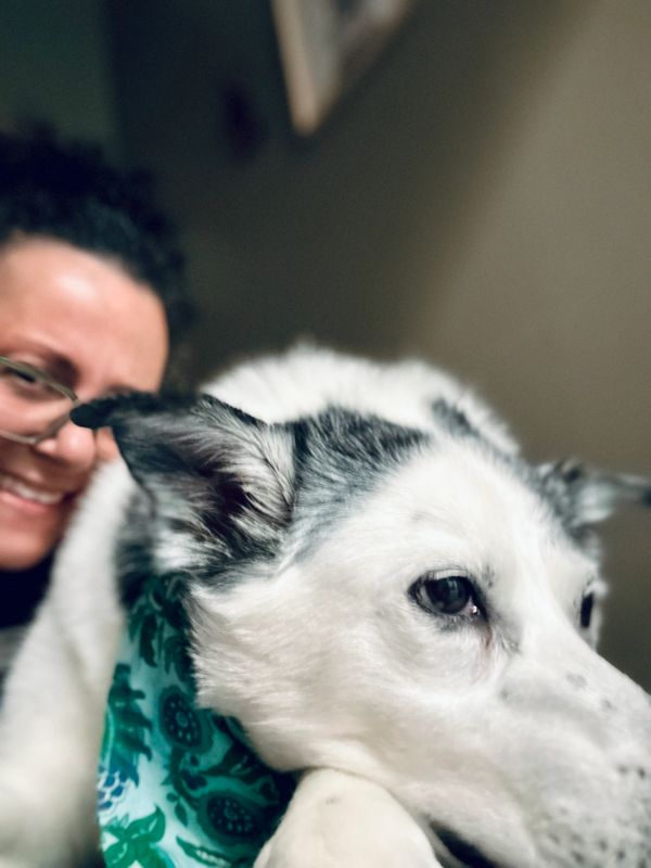 A close-up of a white dog with a green bandana and a smiling person in the background.