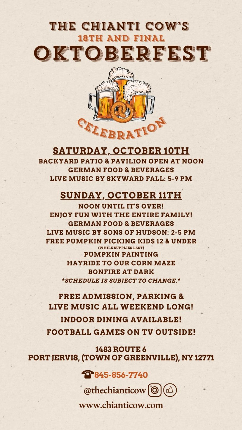 Flyer for The Chianti Cow's 18th and final Oktoberfest celebration with food, music, and activities.