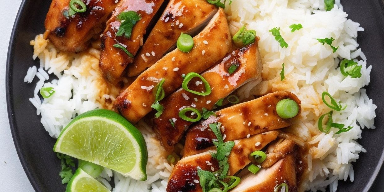 Soy ginger chicken with white rice, cilantro and green onions  on a black plate