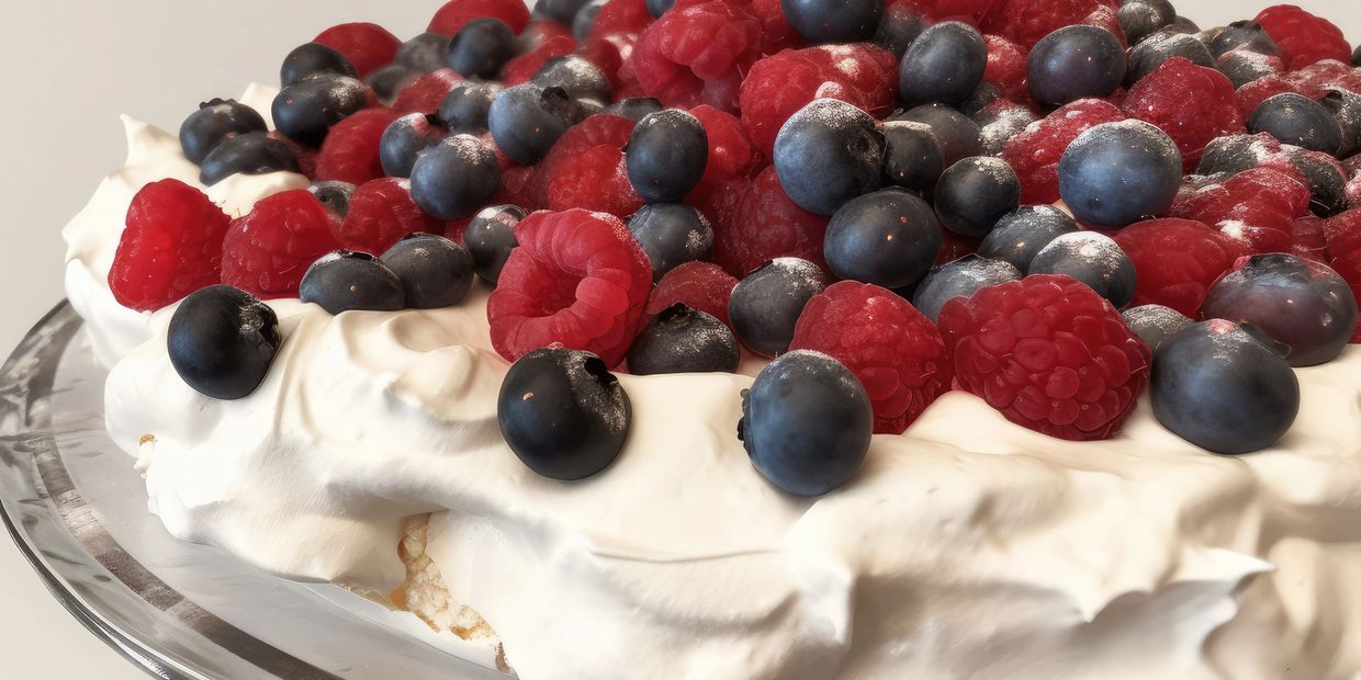 Pavlova topped with whipping cream, blueberries and raspberries on a glass plate with a white backgr