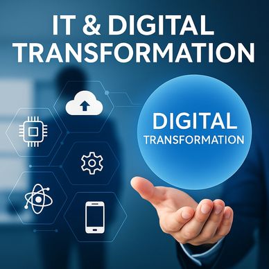 Digital transformation graphic with cloud and automation icons in blue gradient