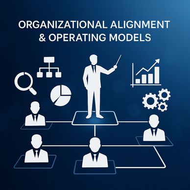 Organizational alignment graphic with team structure icons and leadership nodes