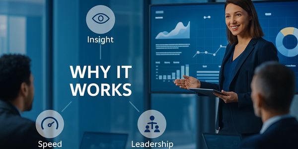 Blue digital overlay of hands collaborating, symbolizing strategy and execution working together