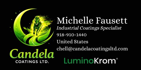Business card for Michelle Fausett, Industrial Coatings Specialist at Candela Coatings Ltd.