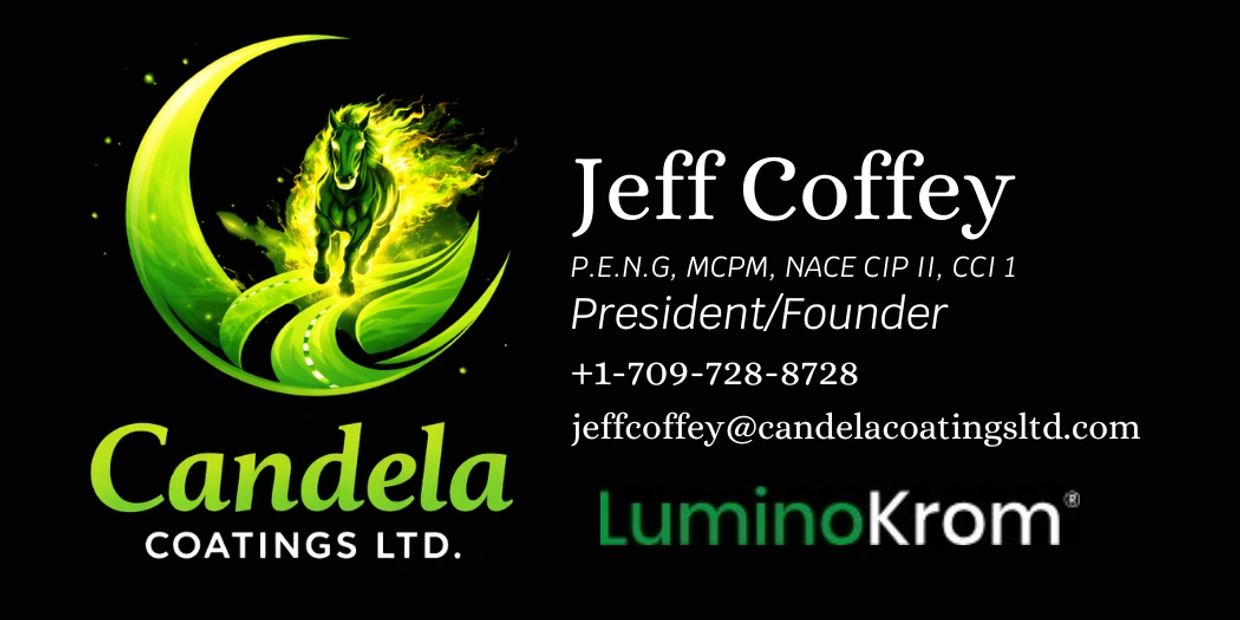 Business card for Jeff Coffey, President of Candela Coatings Ltd., featuring a green horse logo.