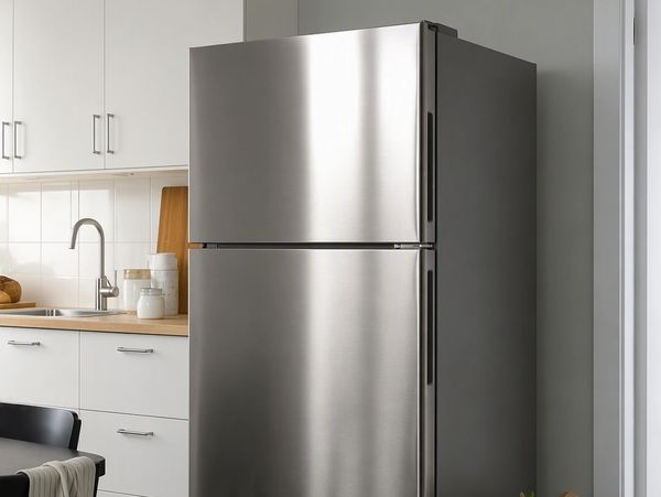 Stainless steel refrigerator in a modern kitchen.
