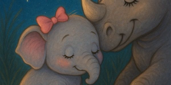 A baby elephant and rhino share a tender moment under a starry night.