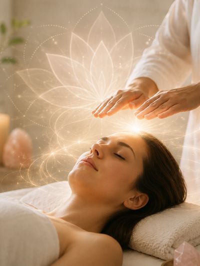 A woman receiving a calming energy healing session with glowing light effects.