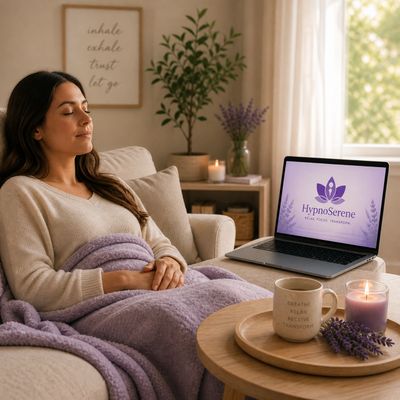 A woman relaxes on a couch with a purple blanket, enjoying a calming hypnotherapy session.