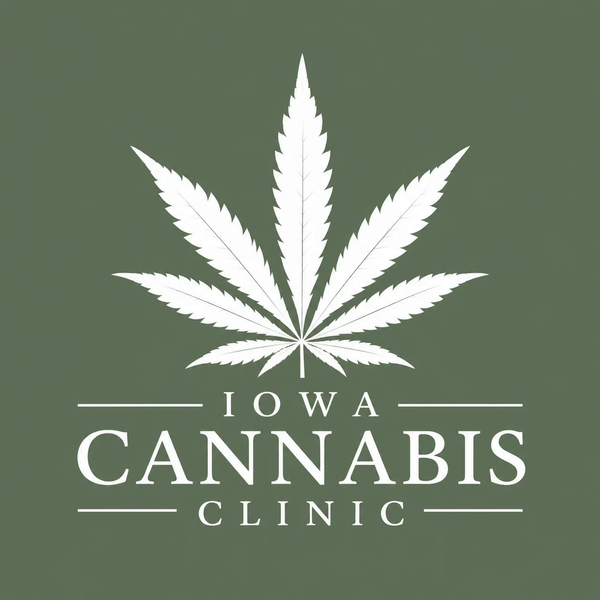 Logo for Iowa Cannabis Clinic featuring a large cannabis leaf.