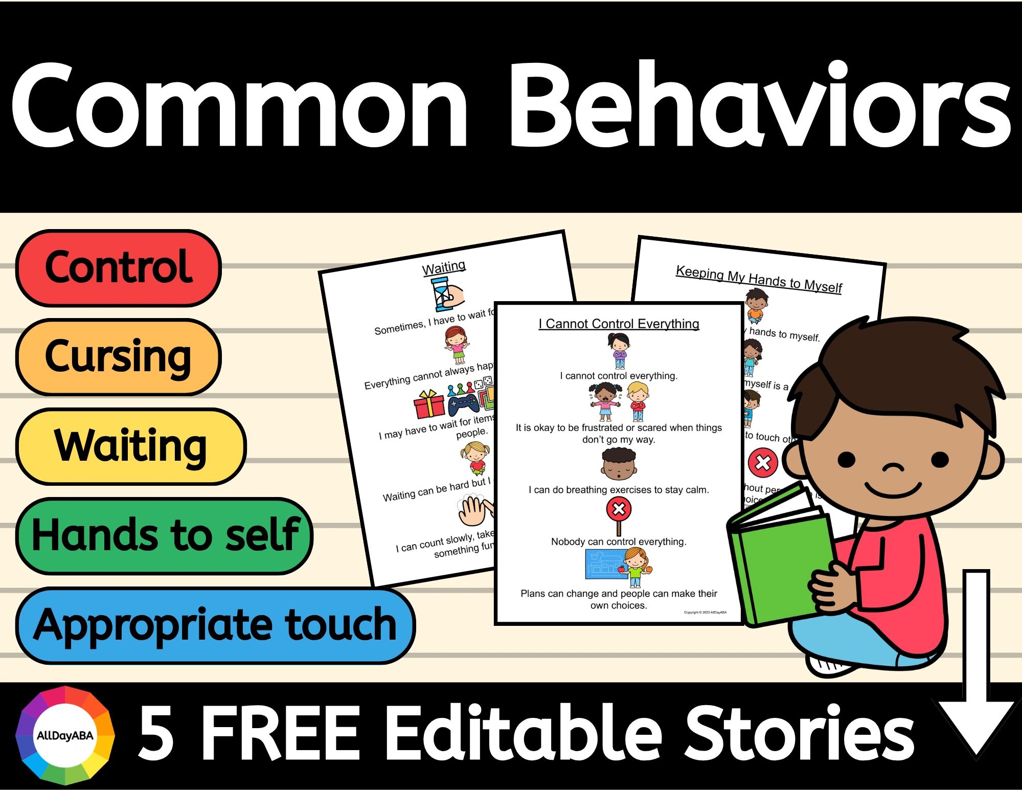 A child reads stories on common behaviors like control, waiting, and hands to self.