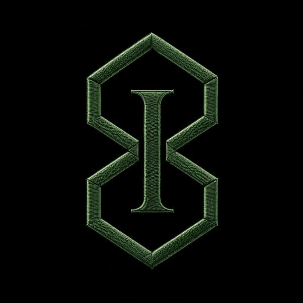 Green embroidered logo with letter I on black background.