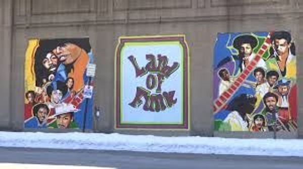 Land of Funk Mural of R&B bands from Dayton, OH. Inspirational blue colorway for Trapcapz.com. 