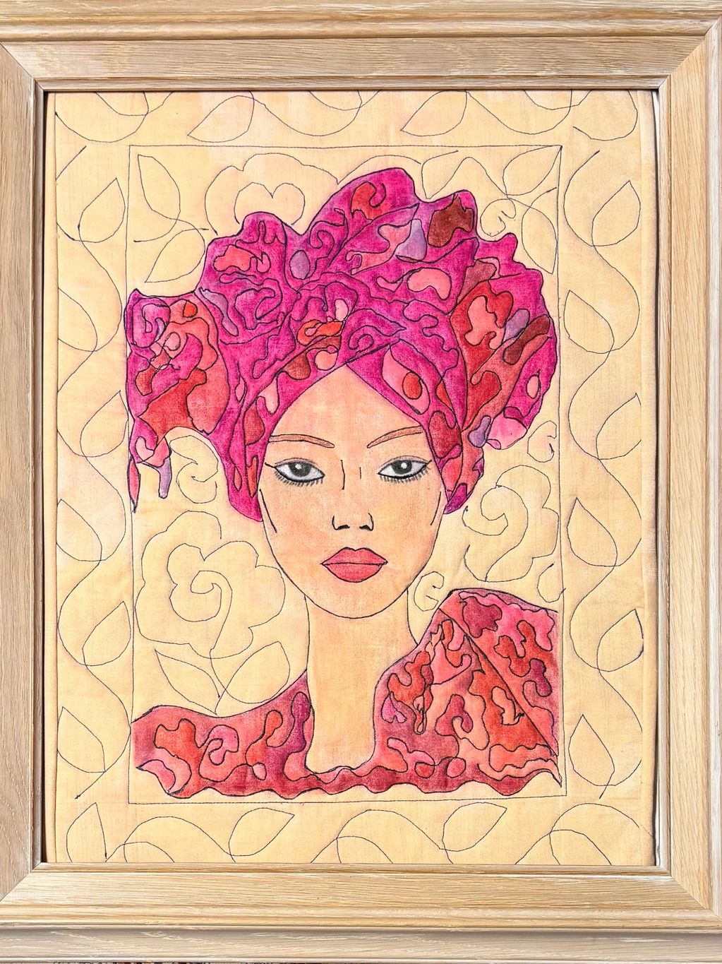 This portrait depicts a poised woman in silhouette and continues Harper’s exploration of stitched po