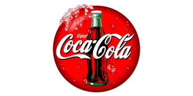Classic Coca-Cola bottle logo with ice and bubbles on a red circular background.