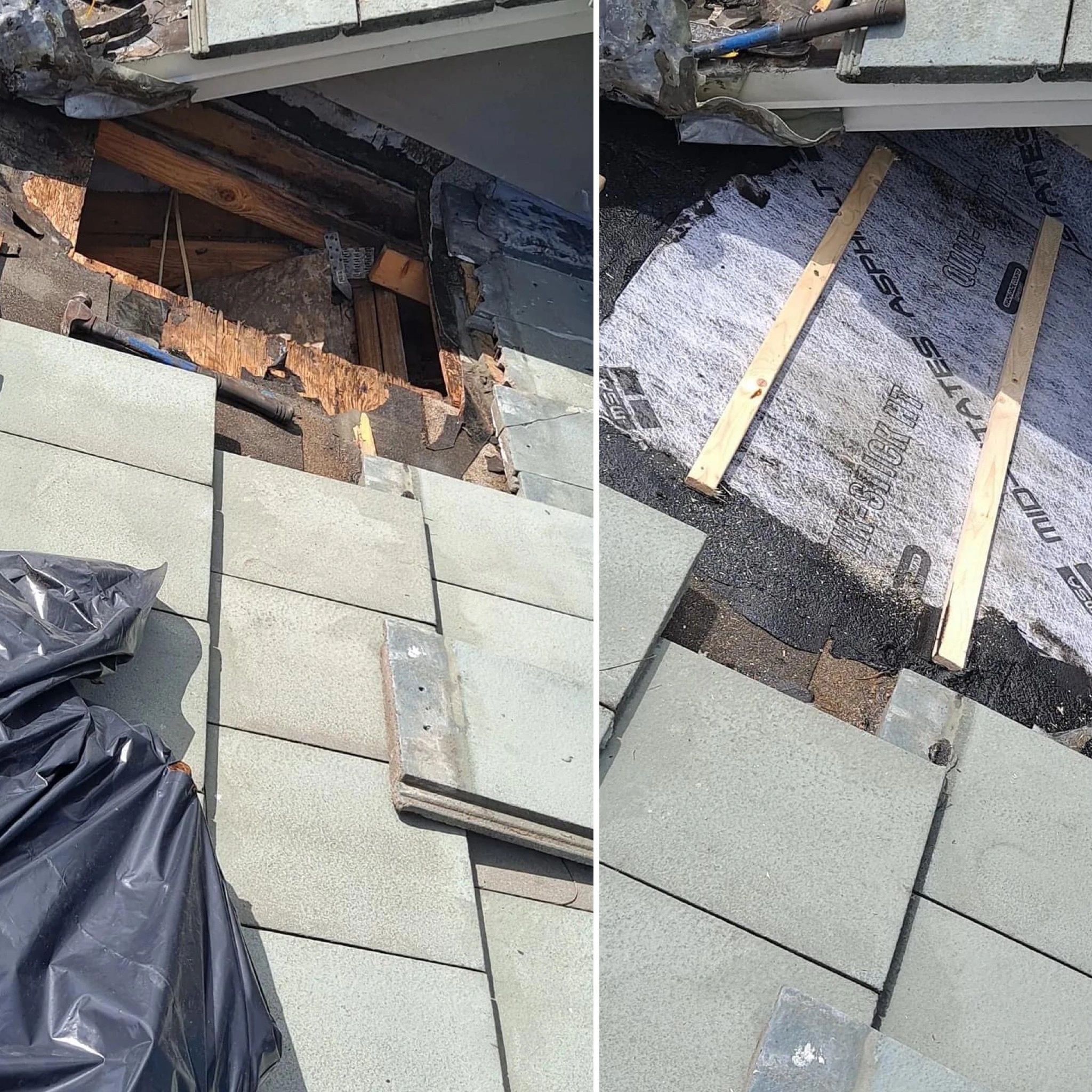 Roof repair showing damaged and fixed sections.