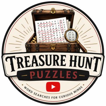 Treasure Hunt Puzzles logo with word search and magnifying glass.