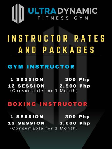 Price list for gym and boxing instructor sessions at Ultra Dynamic Fitness Gym.