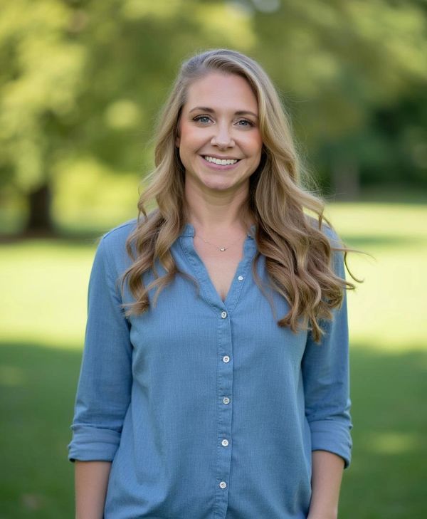 Image of smiling woman in blue shirt, blond hair, in outdoor setting
