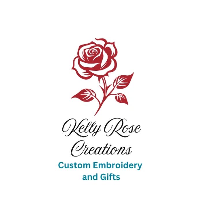Logo of Kelly Rose Creations featuring a red rose and custom embroidery text.