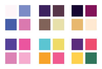 Six sample four-color palettes created in PALETTRA, in shades of violet, pink, plum, gold, teal, and