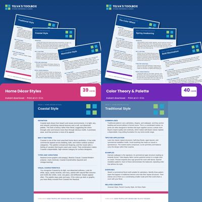 Two Telva's Toolbox Studio Reference Card decks: Home Décor Styles, 39 cards, and Color Theory and P