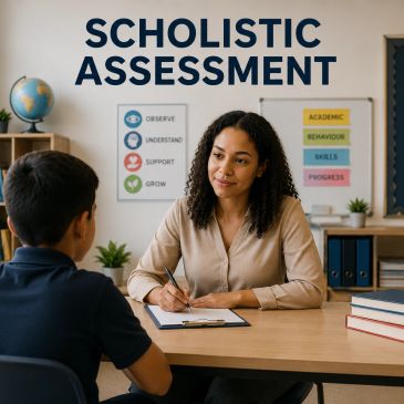 Teacher assessing student in classroom.