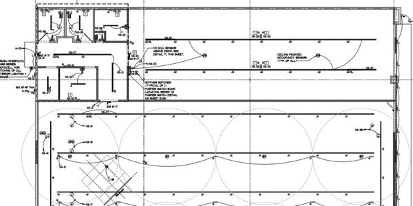Commercial lighting blueprint for a retail space. Shows specifications and locations of all circuits