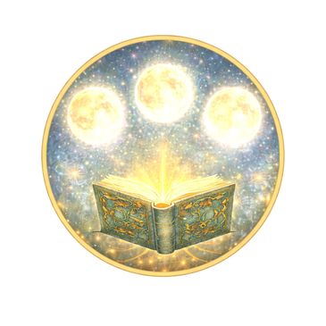 An open magical book glowing under three radiant moons in a starry sky.