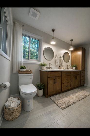 Modern bathroom with wooden vanity, dual sinks, and natural light from a window.