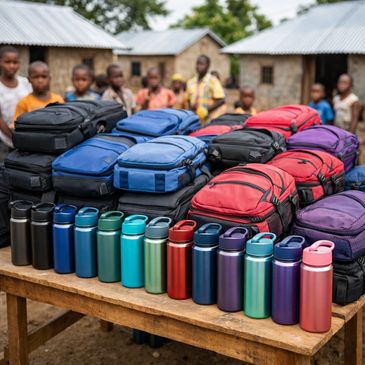 Colorful backpacks and water bottles arranged on a table outdoors.