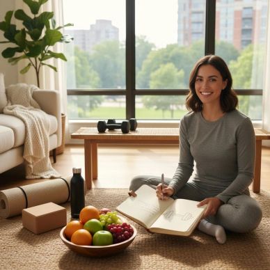 A woman in workout clothes journaling on the floor in a cozy living room.