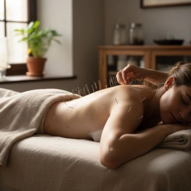 Person receiving acupuncture treatment lying on a massage table.