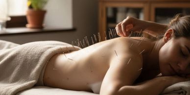 Person receiving acupuncture treatment lying on a massage table.