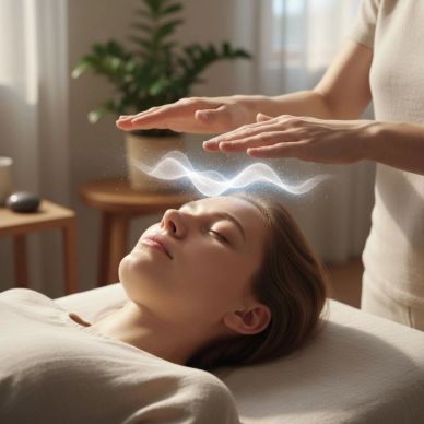A woman receiving a calming energy healing therapy.