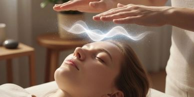 A woman receiving a calming energy healing therapy.