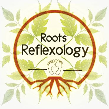 Logo for Roots Reflexology featuring leaves, roots, and footprints.