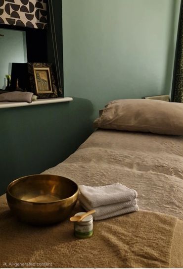Cozy massage room with warm tones and calming decor.