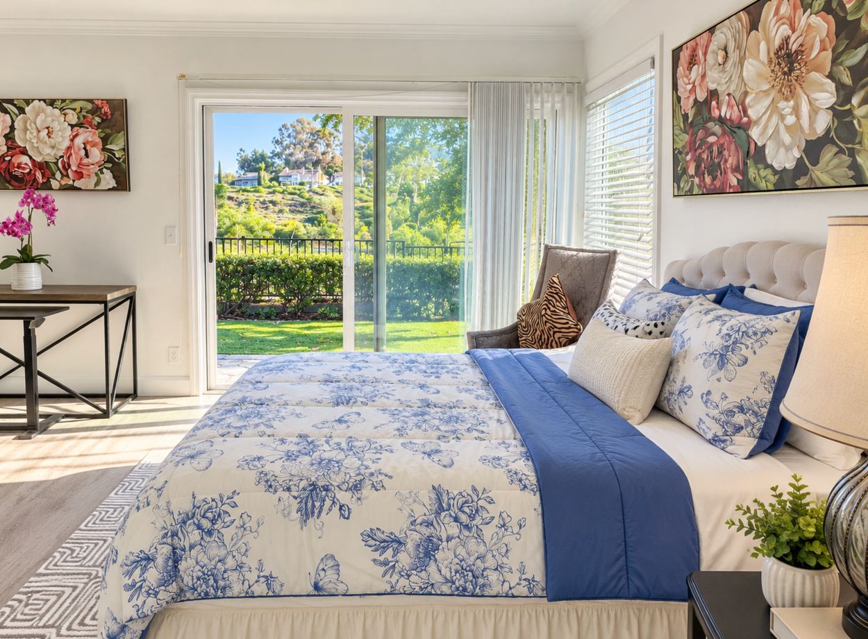 Bright bedroom with floral decor and garden view.