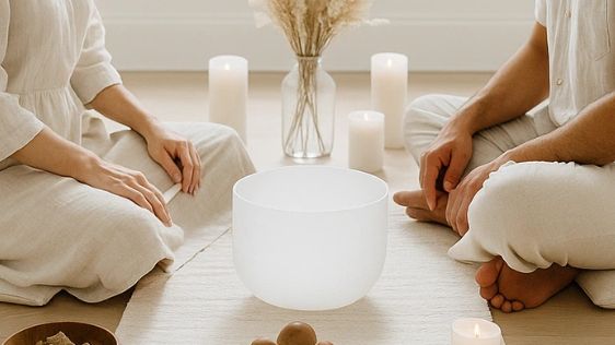 Two people sitting cross-legged in a serene meditation setup with candles and crystals.