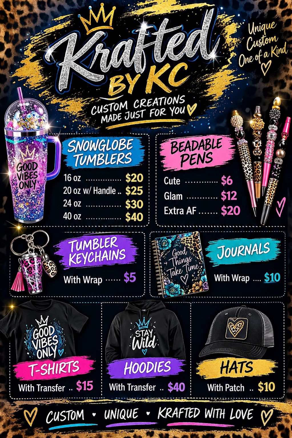 Custom creations by Krafted by KC including tumblers, pens, keychains, journals, apparel, and hats.