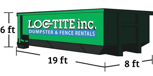 Illustration of a green 30 yard Roll Off Dumpster with Loc-Tite Inc. logo on the side of the box. 