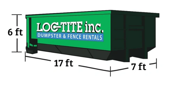 Illustration of a green 20 yard Roll Off Dumpster with Loc-Tite Inc. logo on the side of the box. 